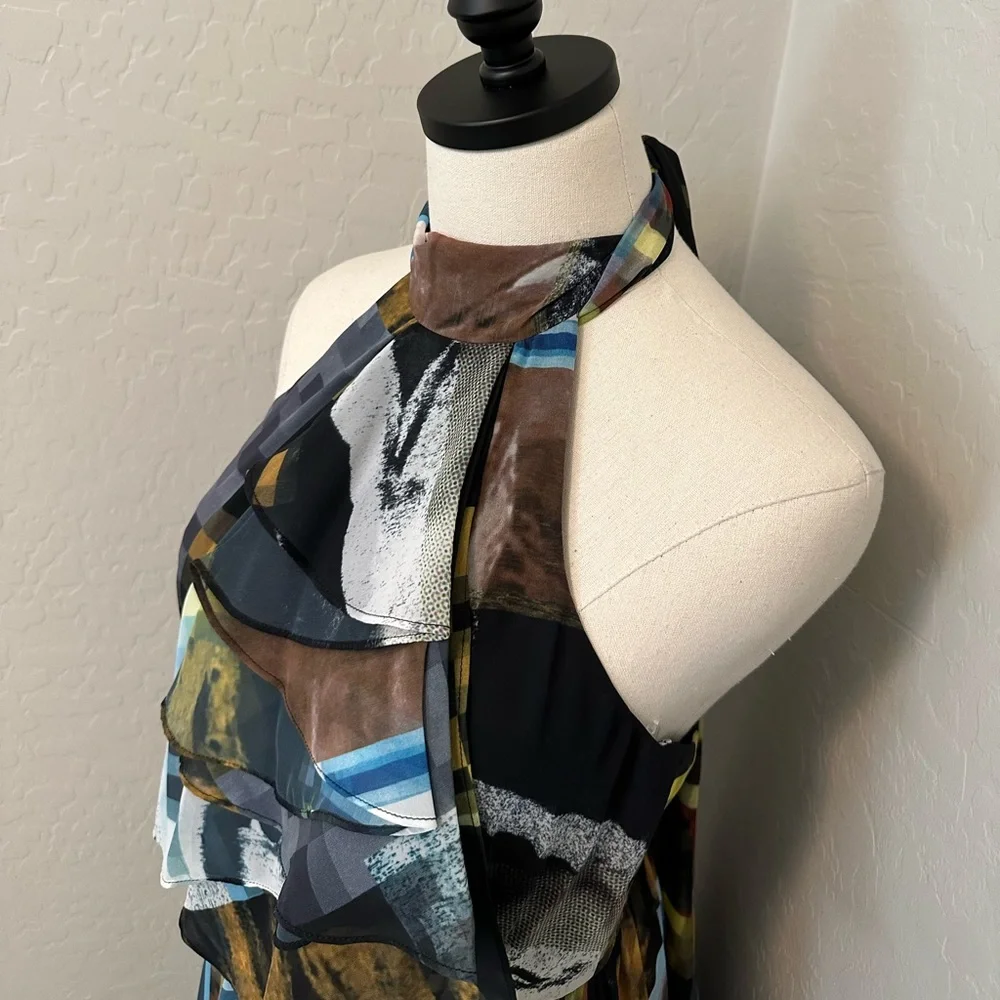 NEW JOVANI SZ 2 HALTER CHIFFON ABSTRACT PRINT HIGH SLIT FORMAL EVENING GOWN - Picture 5 of 16
